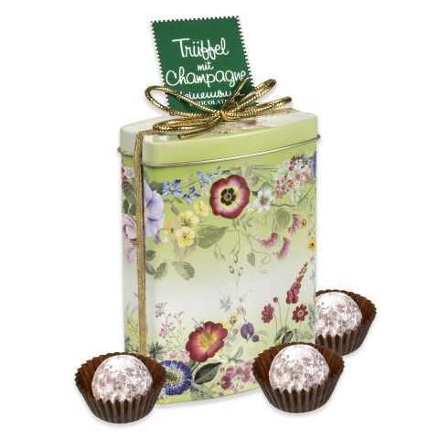 Truffles with Champagne in small tin box, floral design 150g