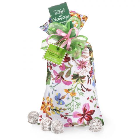 Truffles with Champagne in fabric bag, Flower meadow design 125g